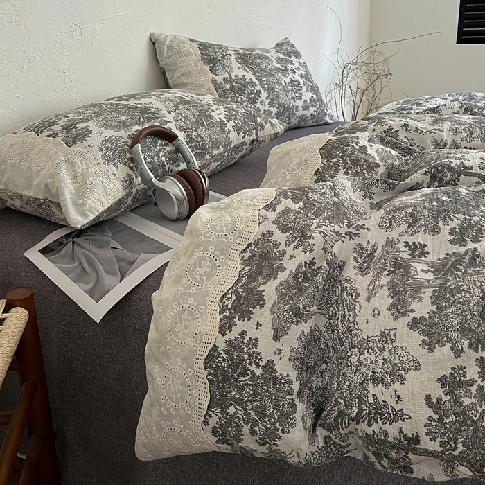 91家纺网 家纺一手货源 找家纺 仟网汇 2025新款亚麻复古花边系列四件套墨染江南