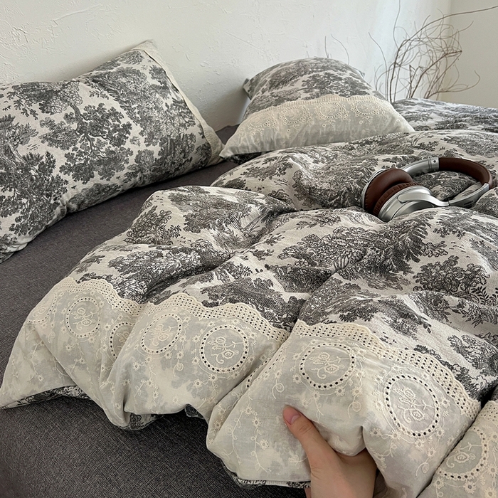 91家纺网 家纺一手货源 找家纺 仟网汇 2025新款亚麻复古花边系列四件套墨染江南