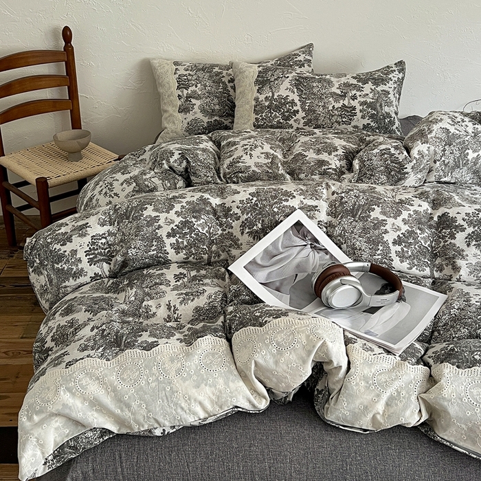 91家纺网 家纺一手货源 找家纺 仟网汇 2025新款亚麻复古花边系列四件套墨染江南