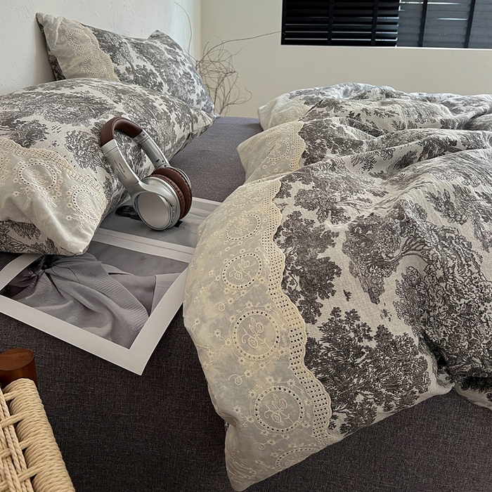 91家纺网 家纺一手货源 找家纺 仟网汇 2025新款亚麻复古花边系列四件套墨染江南