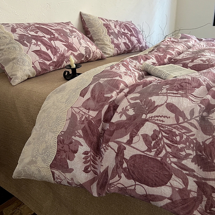 91家纺网 家纺一手货源 找家纺 仟网汇 2025新款亚麻复古花边系列四件套木槿红