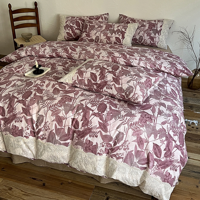 91家纺网 家纺一手货源 找家纺 仟网汇 2025新款亚麻复古花边系列四件套木槿红