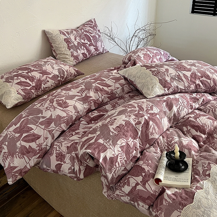 91家纺网 家纺一手货源 找家纺 仟网汇 2025新款亚麻复古花边系列四件套木槿红