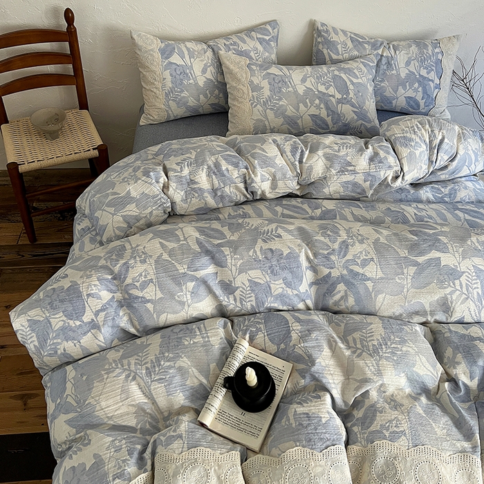 91家纺网 家纺一手货源 找家纺 仟网汇 2025新款亚麻复古花边系列四件套木槿兰