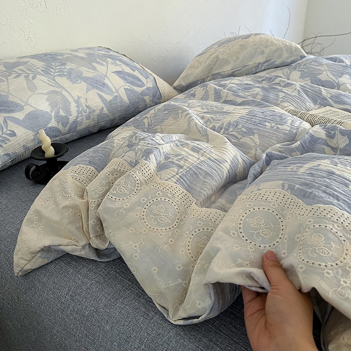 91家纺网 家纺一手货源 找家纺 仟网汇 2025新款亚麻复古花边系列四件套木槿兰