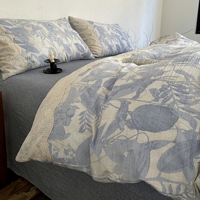 91家纺网 家纺一手货源 找家纺 仟网汇 2025新款亚麻复古花边系列四件套木槿兰