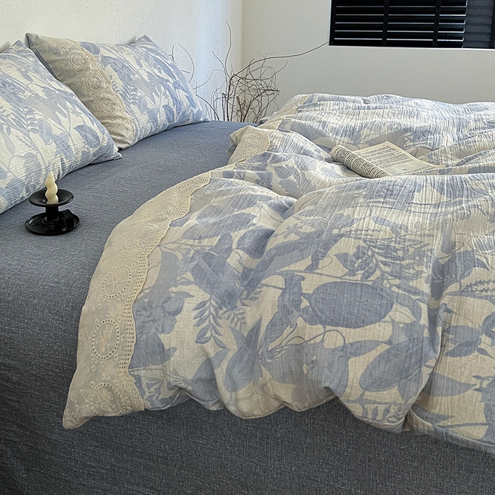 91家纺网 家纺一手货源 找家纺 仟网汇 2025新款亚麻复古花边系列四件套木槿兰