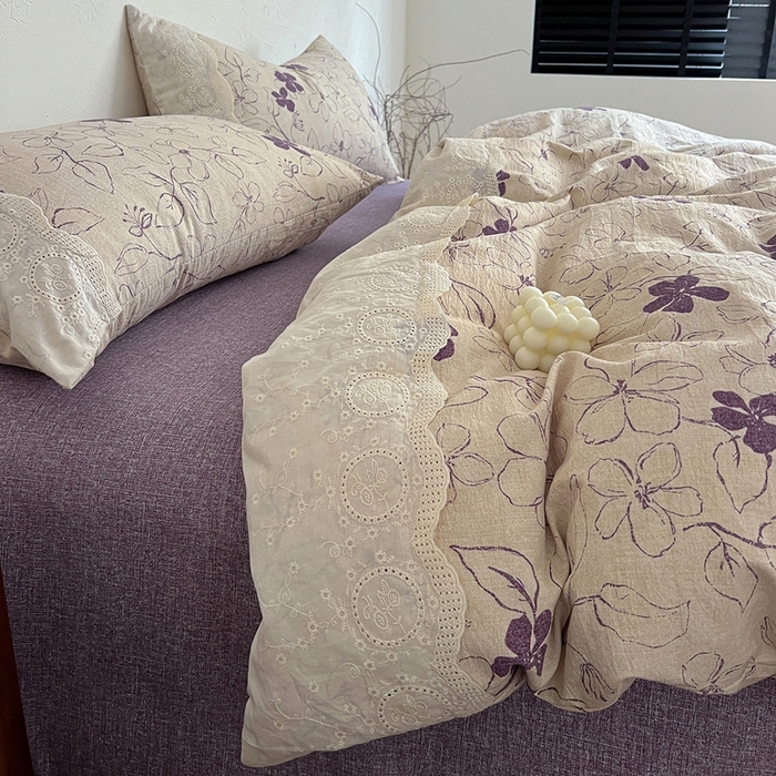 91家纺网 家纺一手货源 找家纺 仟网汇 2025新款亚麻复古花边系列四件套约定紫