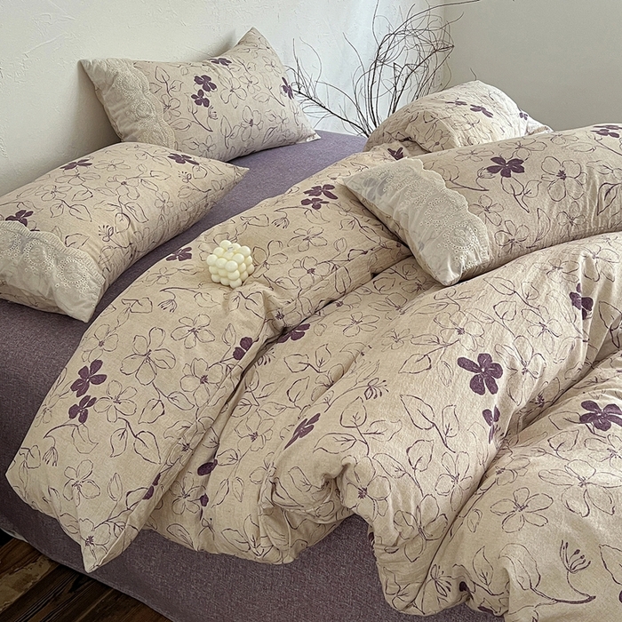 91家纺网 家纺一手货源 找家纺 仟网汇 2025新款亚麻复古花边系列四件套约定紫