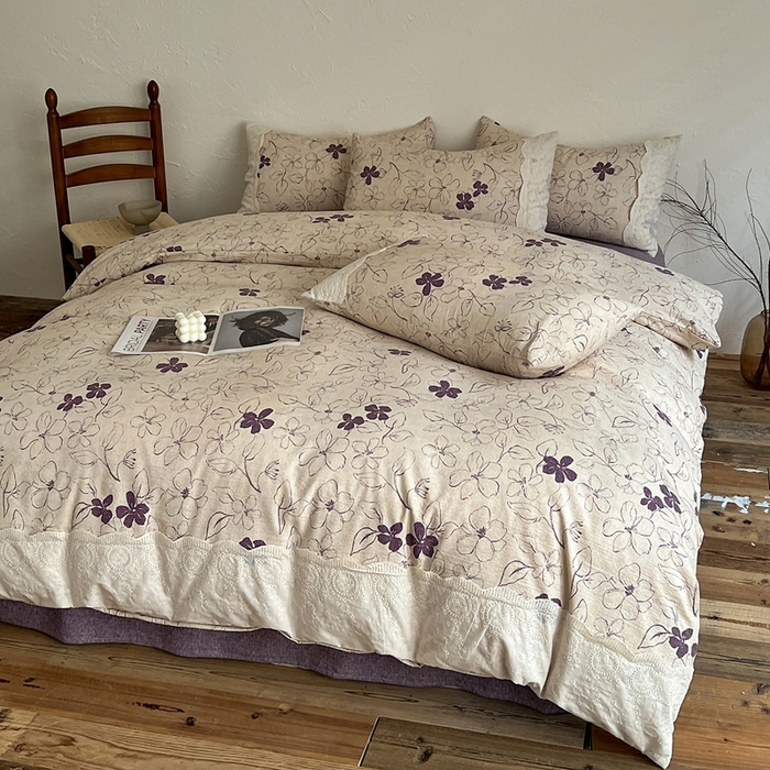 91家纺网 家纺一手货源 找家纺 仟网汇 2025新款亚麻复古花边系列四件套约定紫