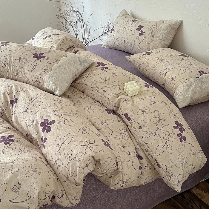 91家纺网 家纺一手货源 找家纺 仟网汇 2025新款亚麻复古花边系列四件套约定紫