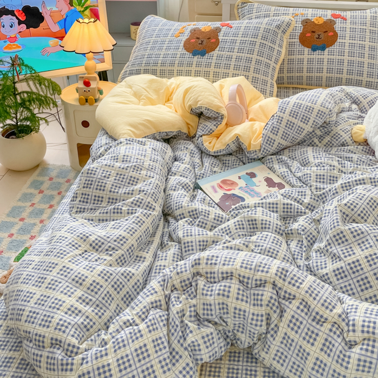 91家纺网 家纺一手货源 找家纺 老帅的工厂店 2025新款A类云感懒人冬季一体被床盖四件套 nice熊