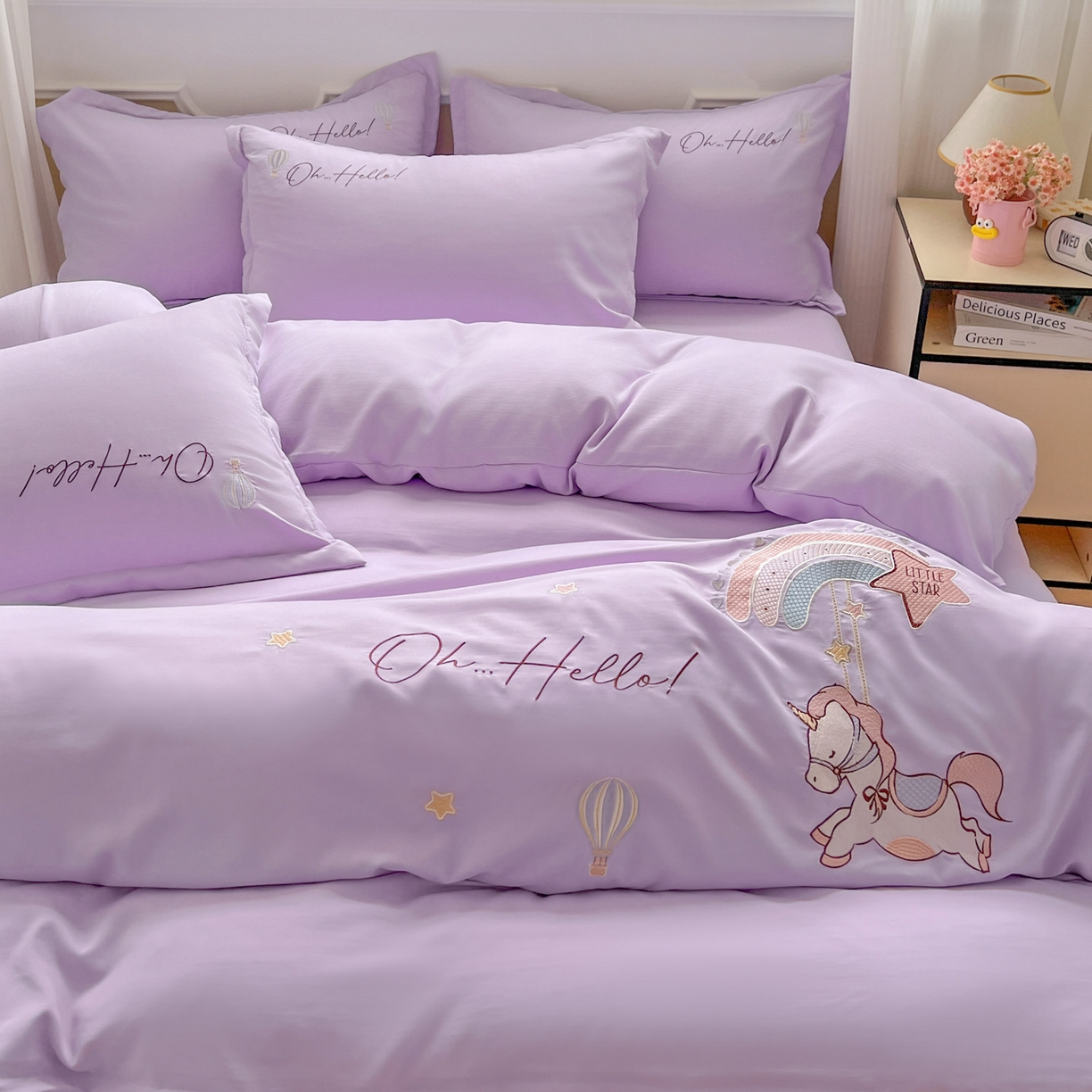 91家纺网 家纺一手货源 找家纺 文黛家居 2025新款高克重水洗棉绣花四件套-彩虹牧马 彩虹牧马-紫