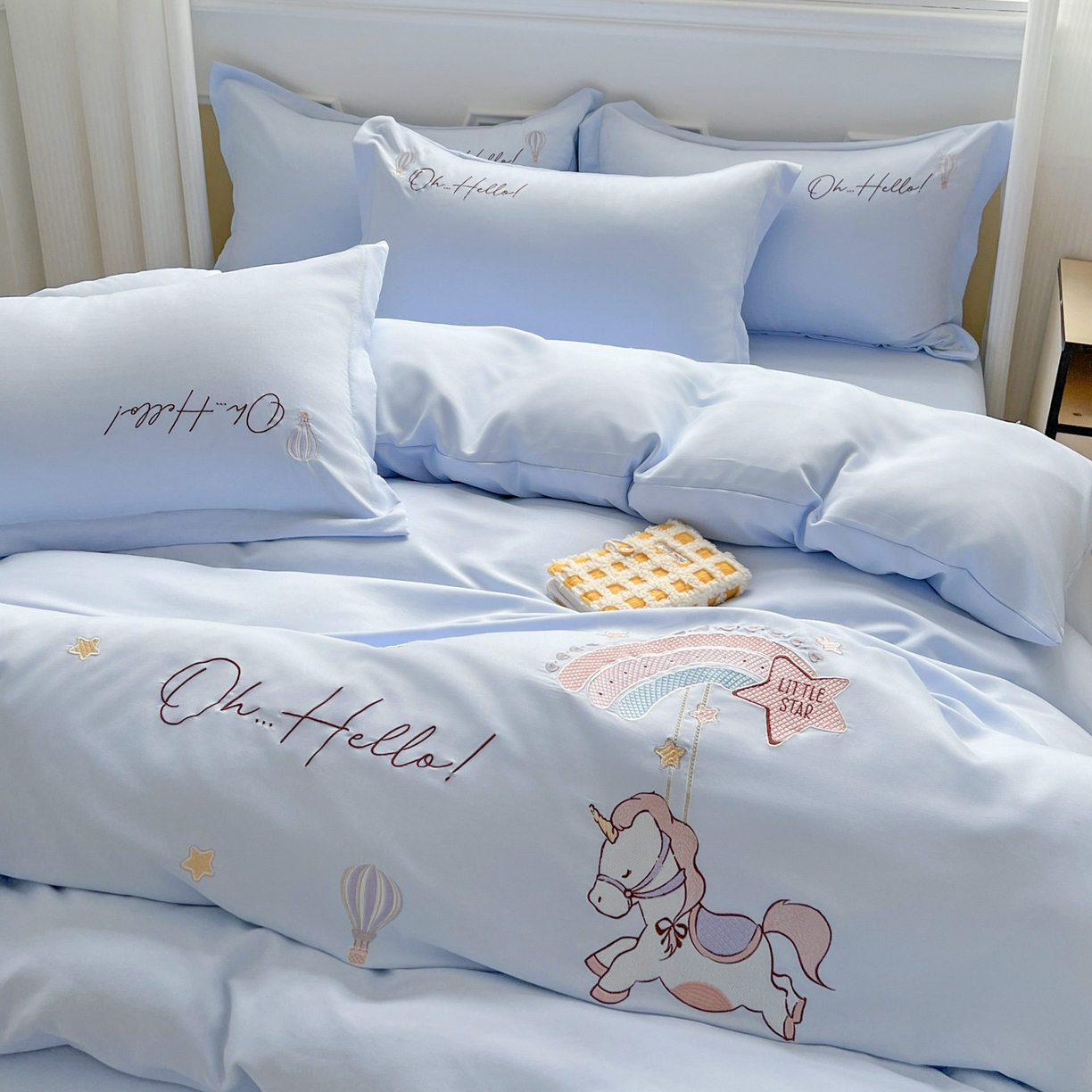 文黛家居 2025新款高克重水洗棉绣花四件套-彩虹牧马 彩虹牧马-浅蓝