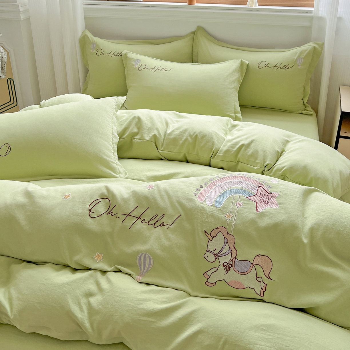 文黛家居 2025新款高克重水洗棉绣花四件套-彩虹牧马 彩虹牧马-果绿
