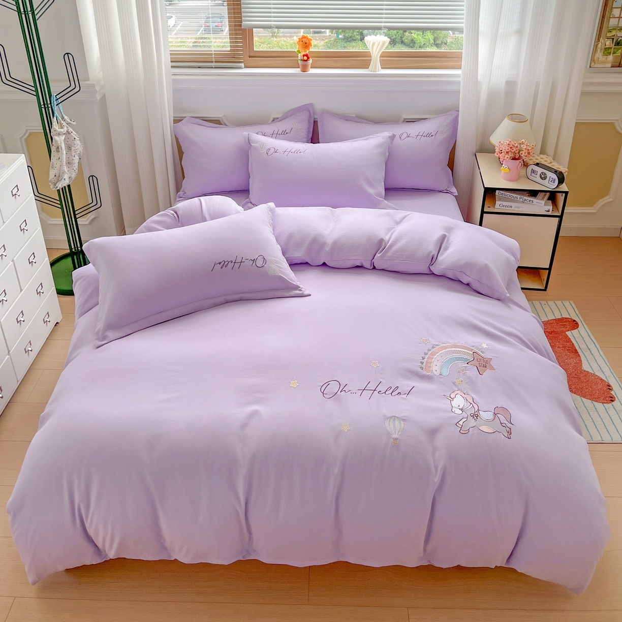 91家纺网 家纺一手货源 找家纺 文黛家居 2025新款高克重水洗棉绣花四件套-彩虹牧马 彩虹牧马-紫