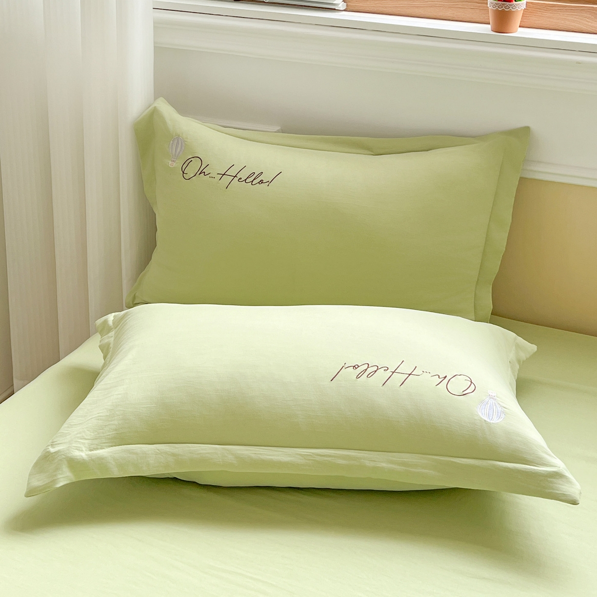 91家纺网 家纺一手货源 找家纺 文黛家居 2025新款高克重水洗棉绣花四件套-彩虹牧马 彩虹牧马-果绿