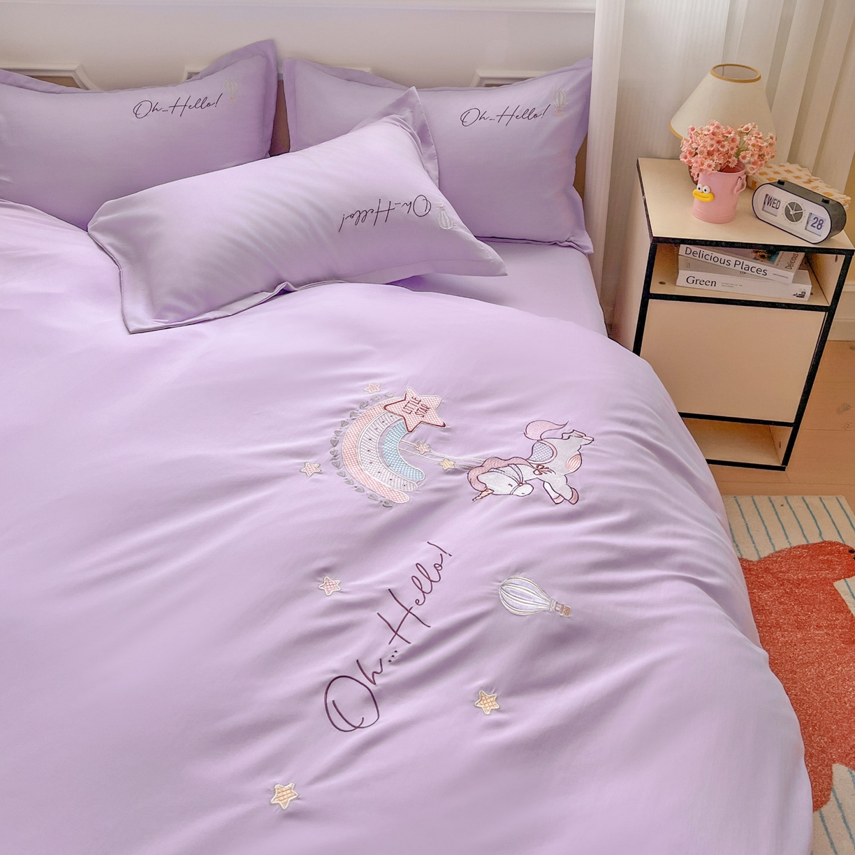 91家纺网 家纺一手货源 找家纺 文黛家居 2025新款高克重水洗棉绣花四件套-彩虹牧马 彩虹牧马-紫