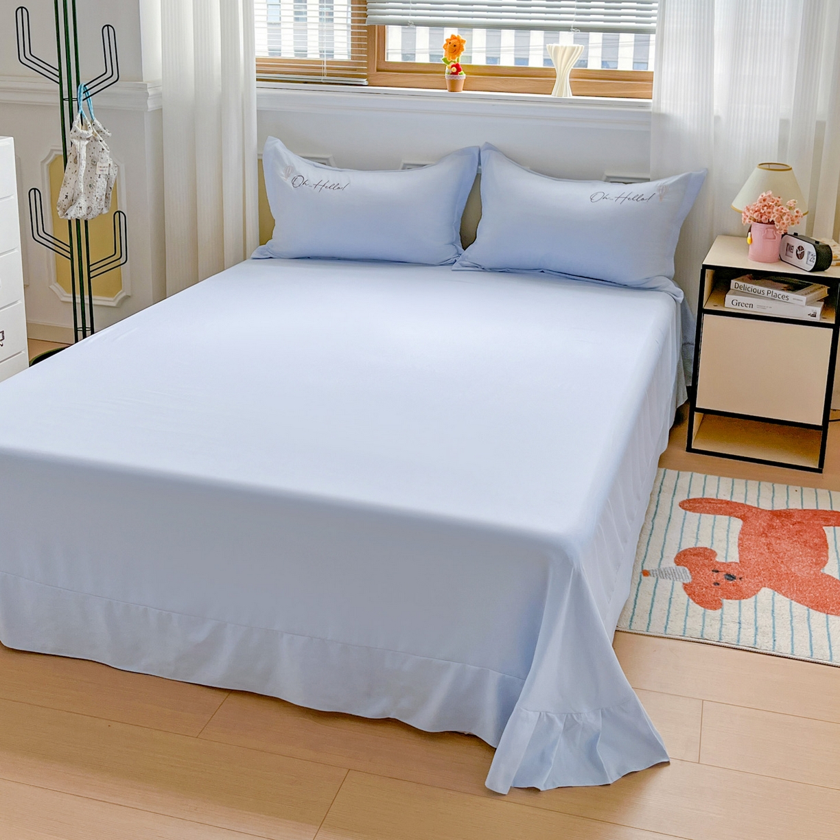 91家纺网 家纺一手货源 找家纺 文黛家居 2025新款高克重水洗棉绣花四件套-彩虹牧马 彩虹牧马-浅蓝