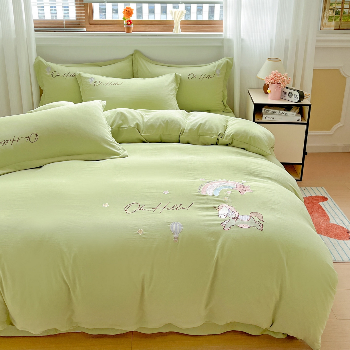 91家纺网 家纺一手货源 找家纺 文黛家居 2025新款高克重水洗棉绣花四件套-彩虹牧马 彩虹牧马-果绿