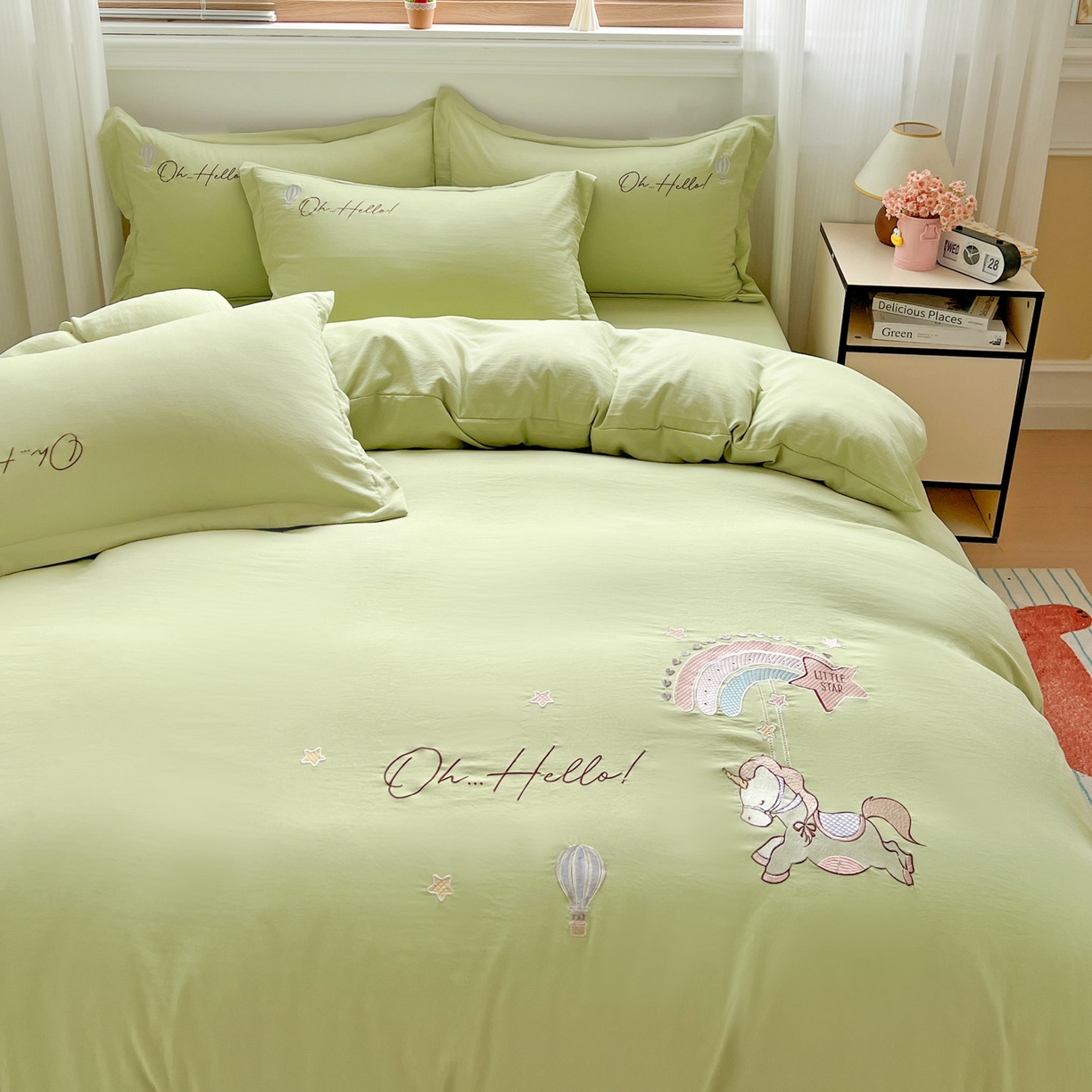 91家纺网 家纺一手货源 找家纺 文黛家居 2025新款高克重水洗棉绣花四件套-彩虹牧马 彩虹牧马-果绿