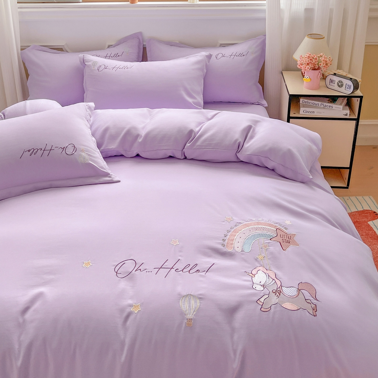 91家纺网 家纺一手货源 找家纺 文黛家居 2025新款高克重水洗棉绣花四件套-彩虹牧马 彩虹牧马-紫