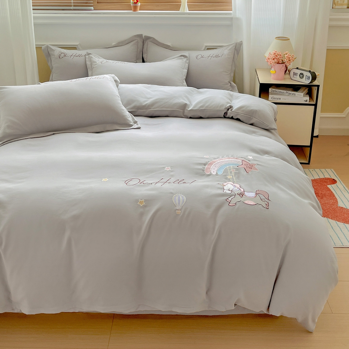 91家纺网 家纺一手货源 找家纺 文黛家居 2025新款高克重水洗棉绣花四件套-彩虹牧马 彩虹牧马-灰