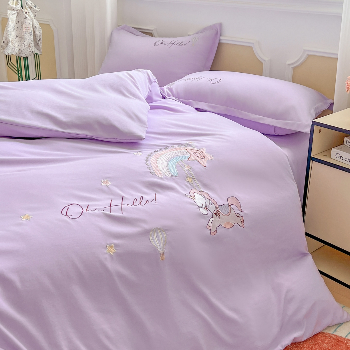 91家纺网 家纺一手货源 找家纺 文黛家居 2025新款高克重水洗棉绣花四件套-彩虹牧马 彩虹牧马-紫