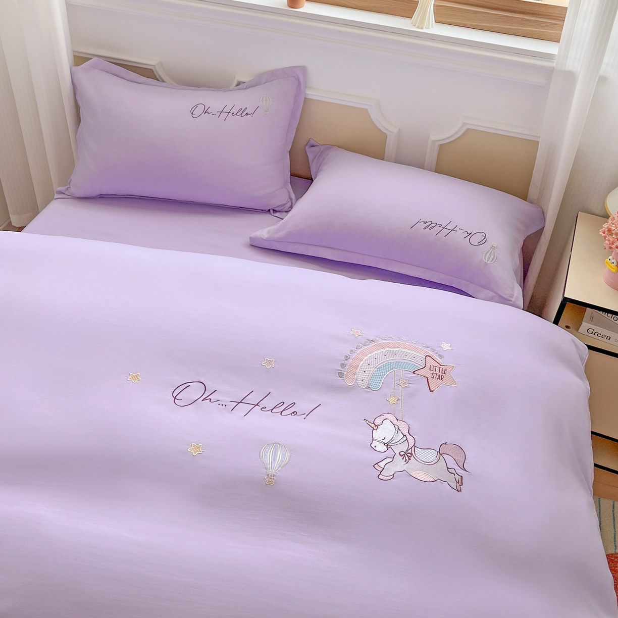 91家纺网 家纺一手货源 找家纺 文黛家居 2025新款高克重水洗棉绣花四件套-彩虹牧马 彩虹牧马-紫