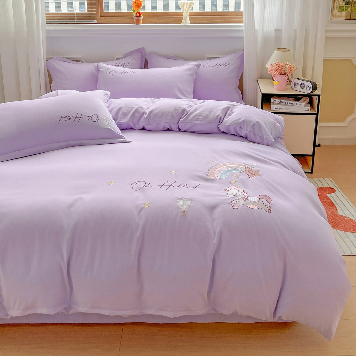 91家纺网 家纺一手货源 找家纺 文黛家居 2025新款高克重水洗棉绣花四件套-彩虹牧马 彩虹牧马-紫