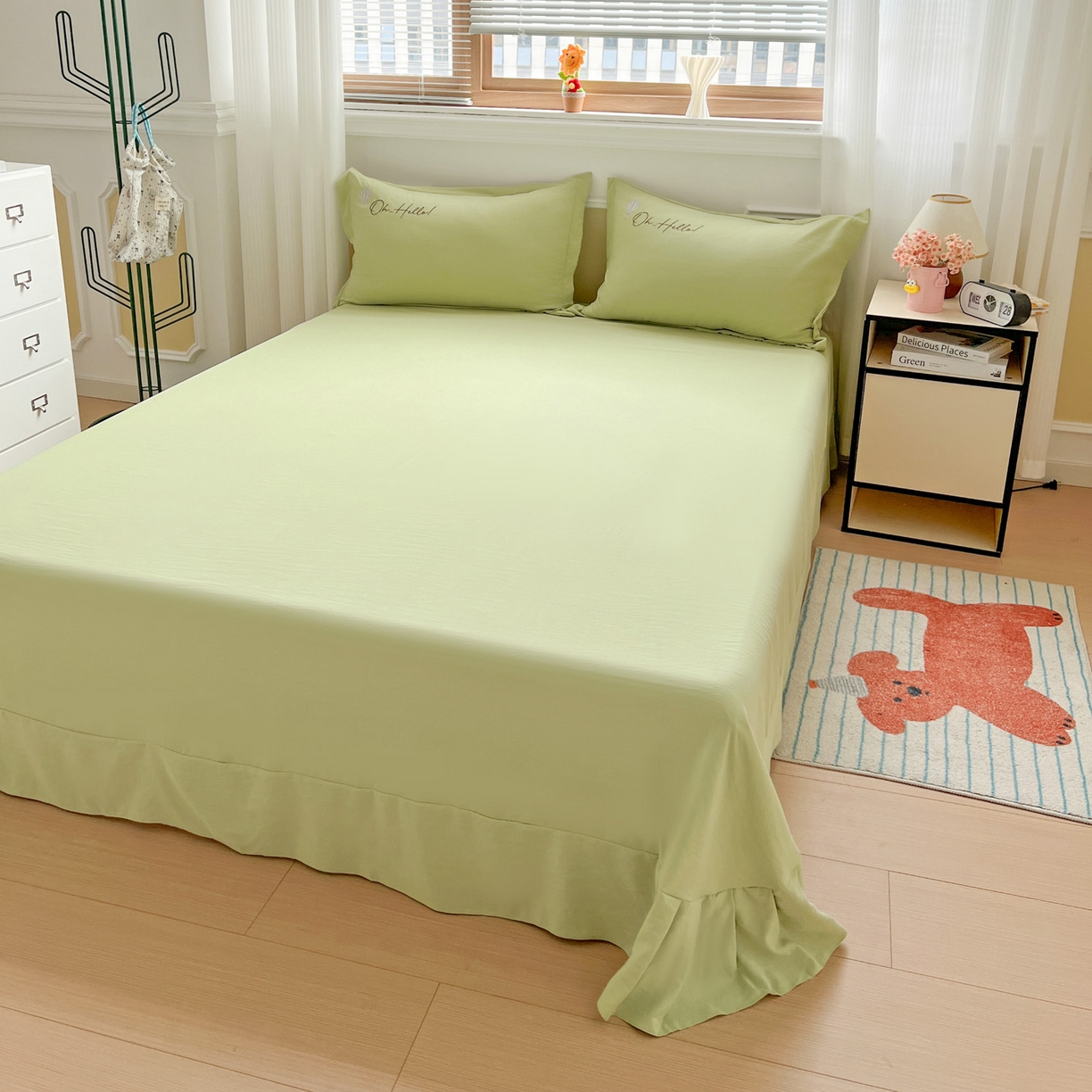 91家纺网 家纺一手货源 找家纺 文黛家居 2025新款高克重水洗棉绣花四件套-彩虹牧马 彩虹牧马-果绿