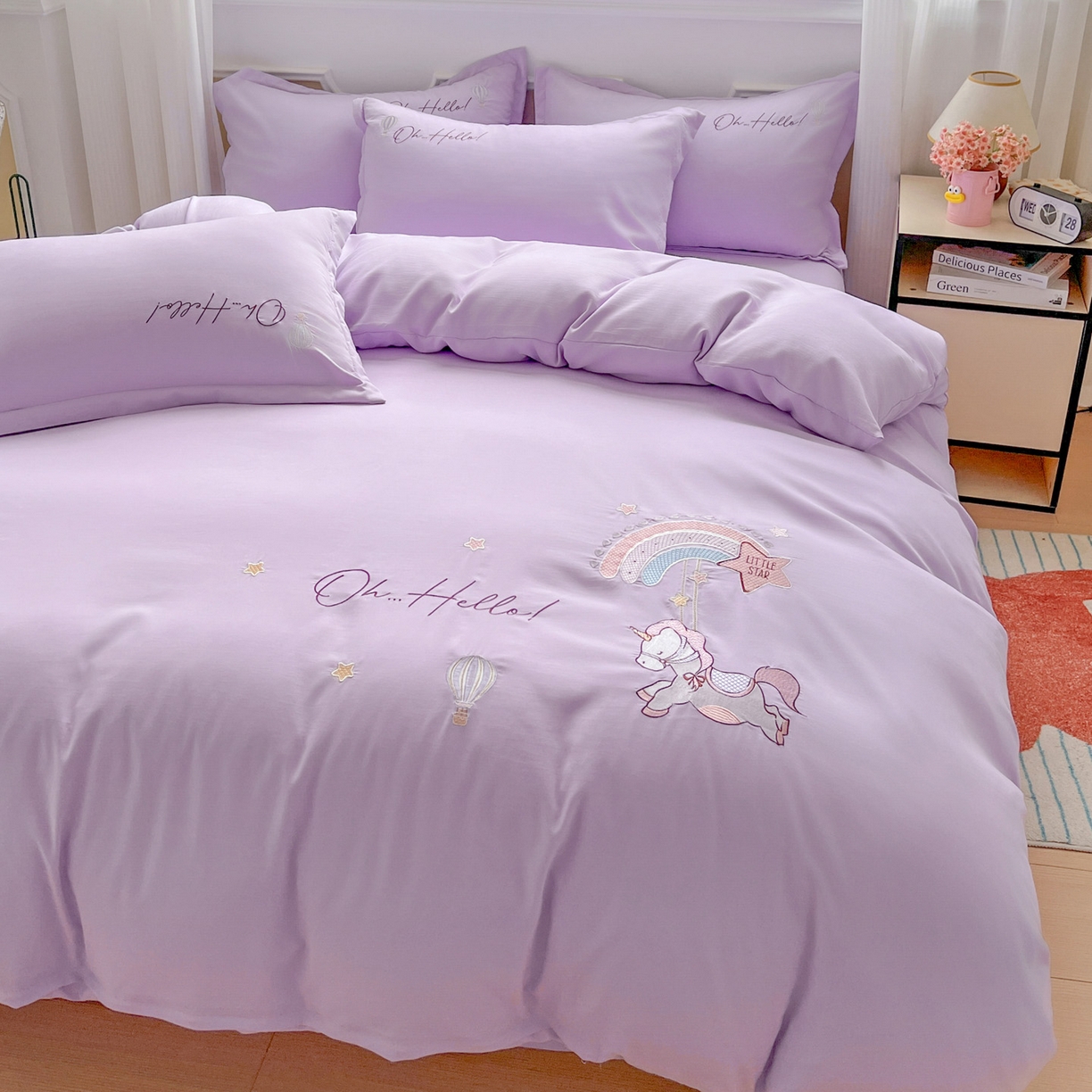 91家纺网 家纺一手货源 找家纺 文黛家居 2025新款高克重水洗棉绣花四件套-彩虹牧马 彩虹牧马-紫