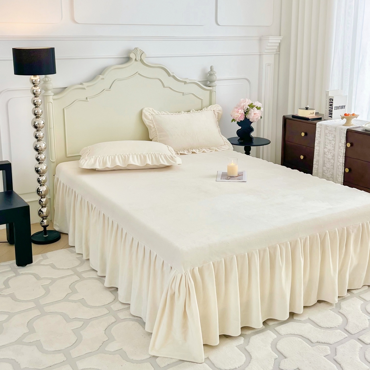 91家纺网 家纺一手货源 找家纺 庭笙 2025新款少女粉浪漫花边加厚牛奶绒床裙四件套-苏韵清风 苏韵清风-米