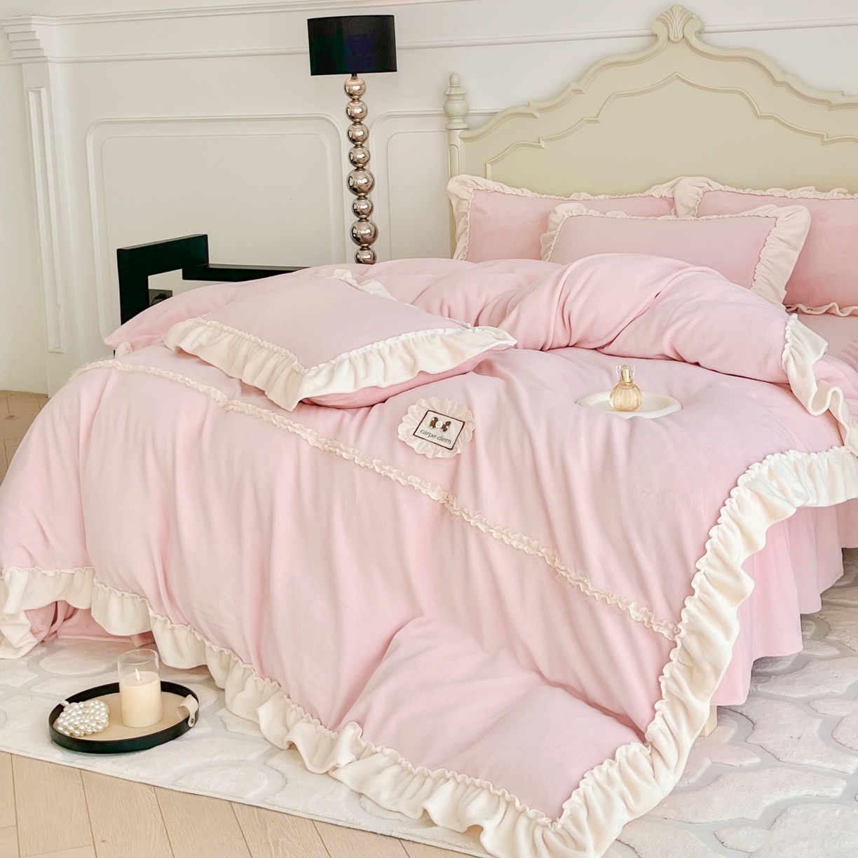 91家纺网 家纺一手货源 找家纺 庭笙 2025新款少女粉浪漫花边加厚牛奶绒床裙四件套-苏韵清风 苏韵清风-粉