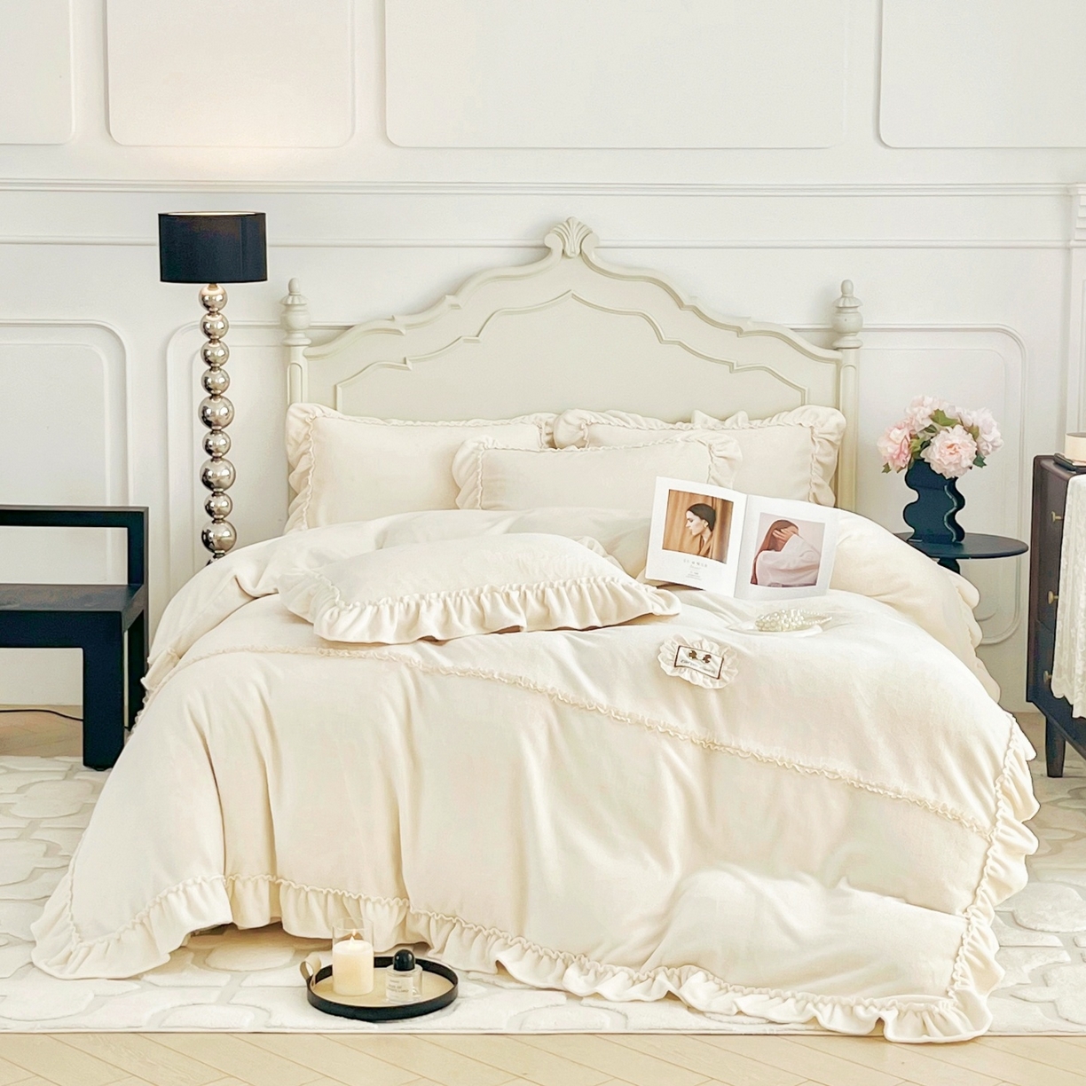 91家纺网 家纺一手货源 找家纺 庭笙 2025新款少女粉浪漫花边加厚牛奶绒床裙四件套-苏韵清风 苏韵清风-米