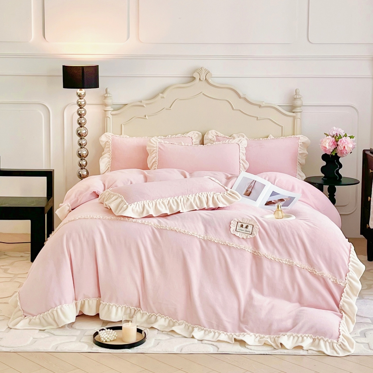 庭笙 2025新款少女粉浪漫花边加厚牛奶绒床裙四件套-苏韵清风 苏韵清风-粉