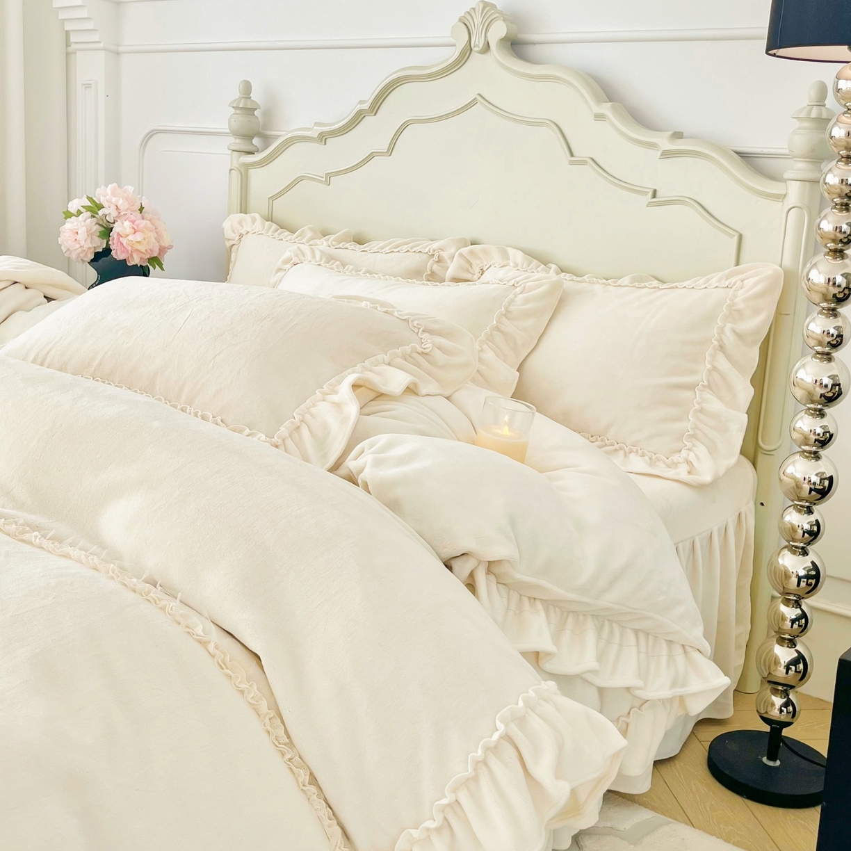 91家纺网 家纺一手货源 找家纺 庭笙 2025新款少女粉浪漫花边加厚牛奶绒床裙四件套-苏韵清风 苏韵清风-米