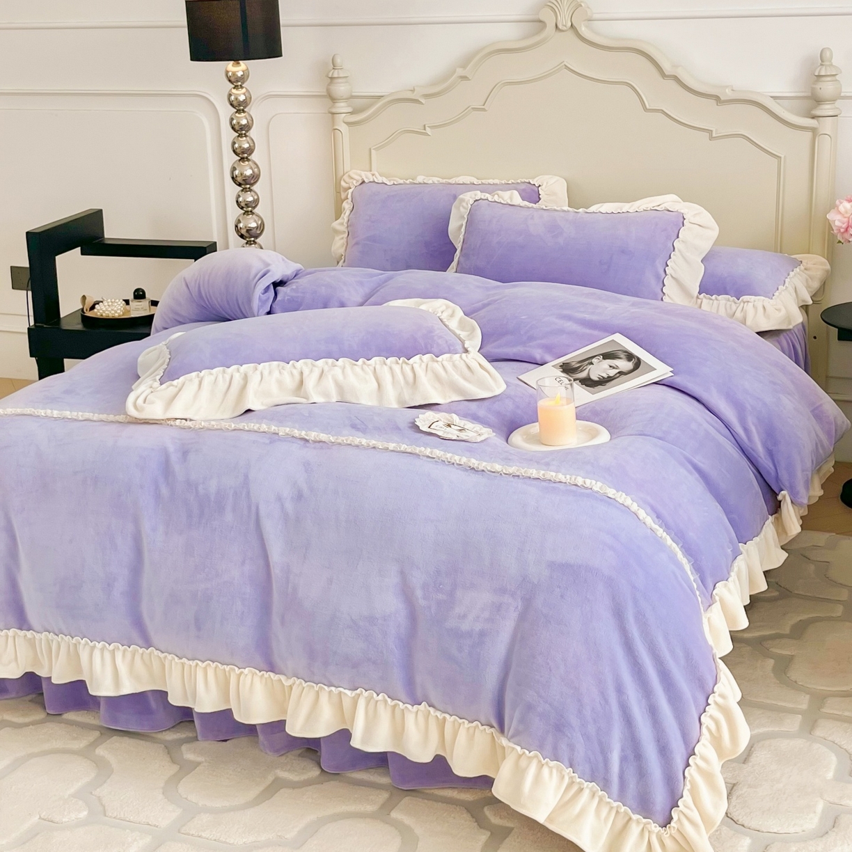 91家纺网 家纺一手货源 找家纺 庭笙 2025新款少女粉浪漫花边加厚牛奶绒床裙四件套-苏韵清风 苏韵清风-紫