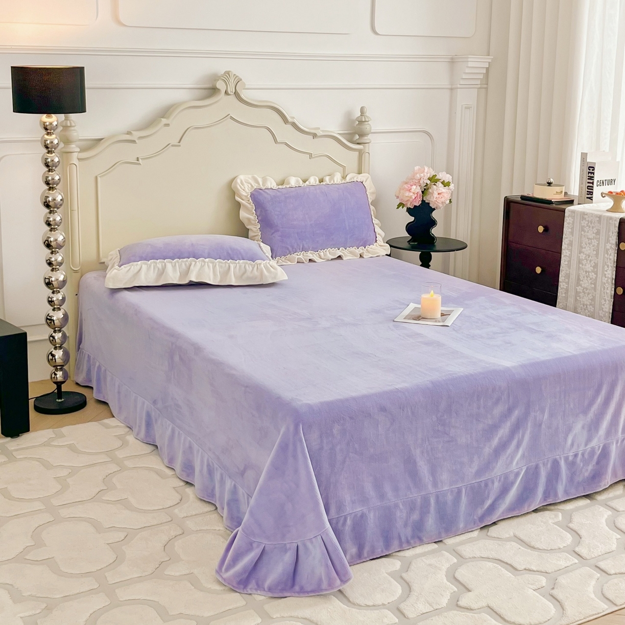 91家纺网 家纺一手货源 找家纺 庭笙 2025新款少女粉浪漫花边加厚牛奶绒床裙四件套-苏韵清风 苏韵清风-紫