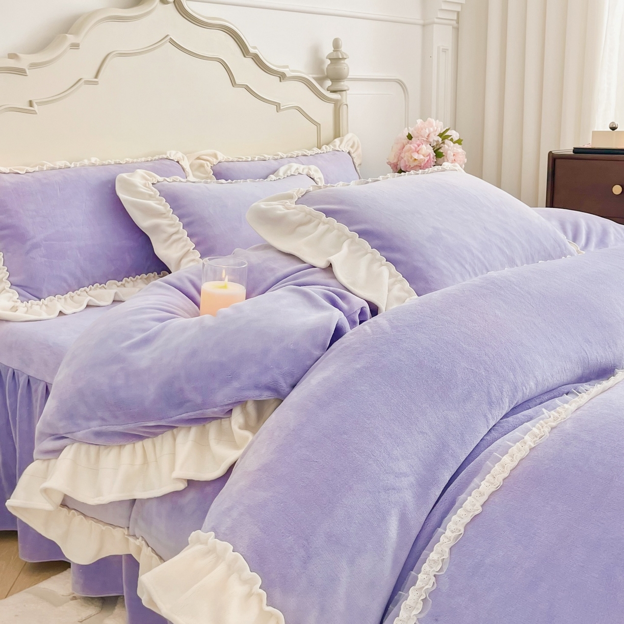91家纺网 家纺一手货源 找家纺 庭笙 2025新款少女粉浪漫花边加厚牛奶绒床裙四件套-苏韵清风 苏韵清风-紫