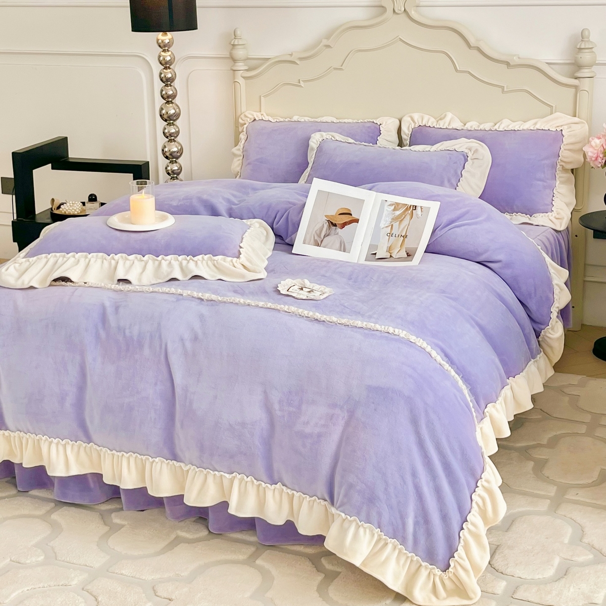 91家纺网 家纺一手货源 找家纺 庭笙 2025新款少女粉浪漫花边加厚牛奶绒床裙四件套-苏韵清风 苏韵清风-紫