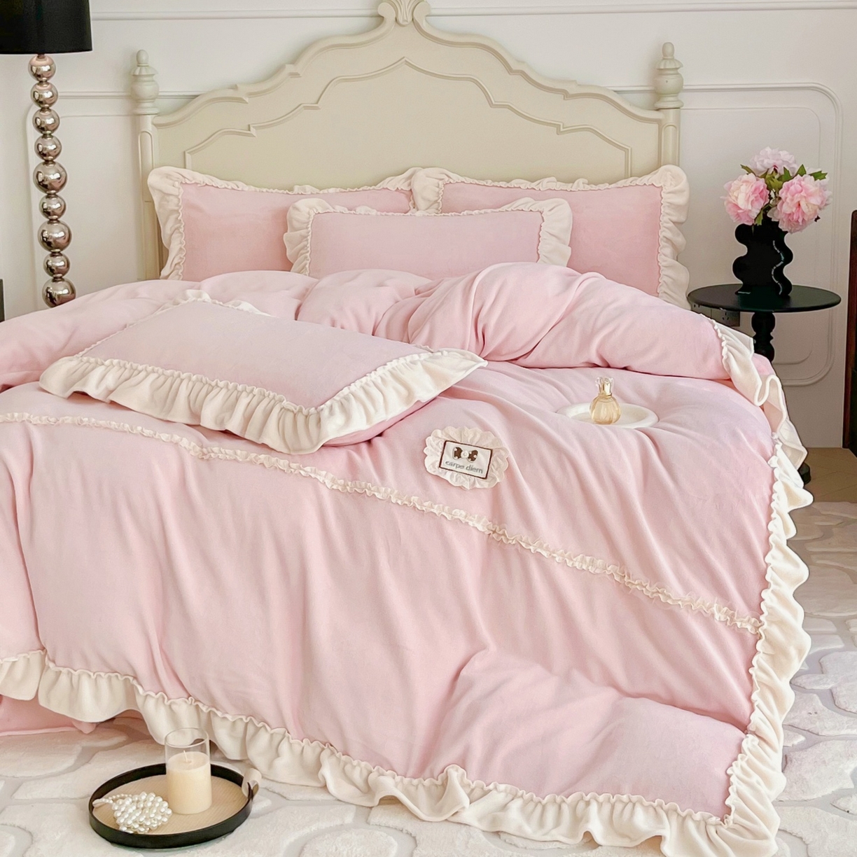 91家纺网 家纺一手货源 找家纺 庭笙 2025新款少女粉浪漫花边加厚牛奶绒床裙四件套-苏韵清风 苏韵清风-粉