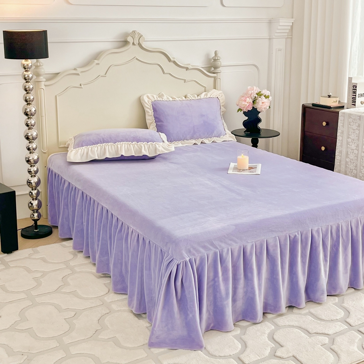 91家纺网 家纺一手货源 找家纺 庭笙 2025新款少女粉浪漫花边加厚牛奶绒床裙四件套-苏韵清风 苏韵清风-紫