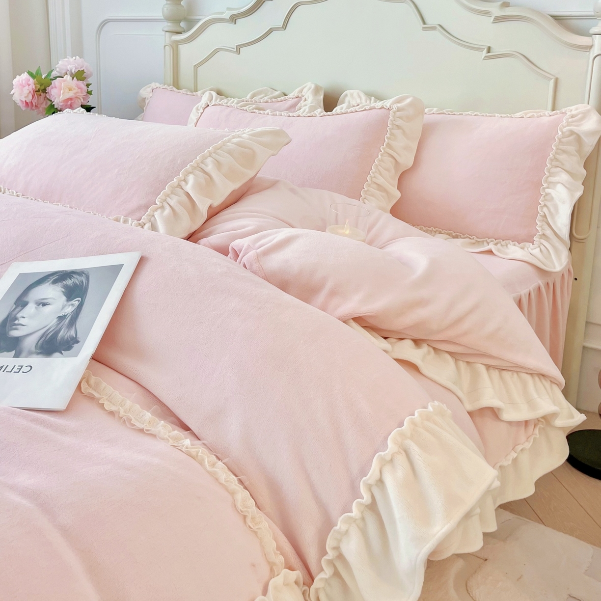 91家纺网 家纺一手货源 找家纺 庭笙 2025新款少女粉浪漫花边加厚牛奶绒床裙四件套-苏韵清风 苏韵清风-粉