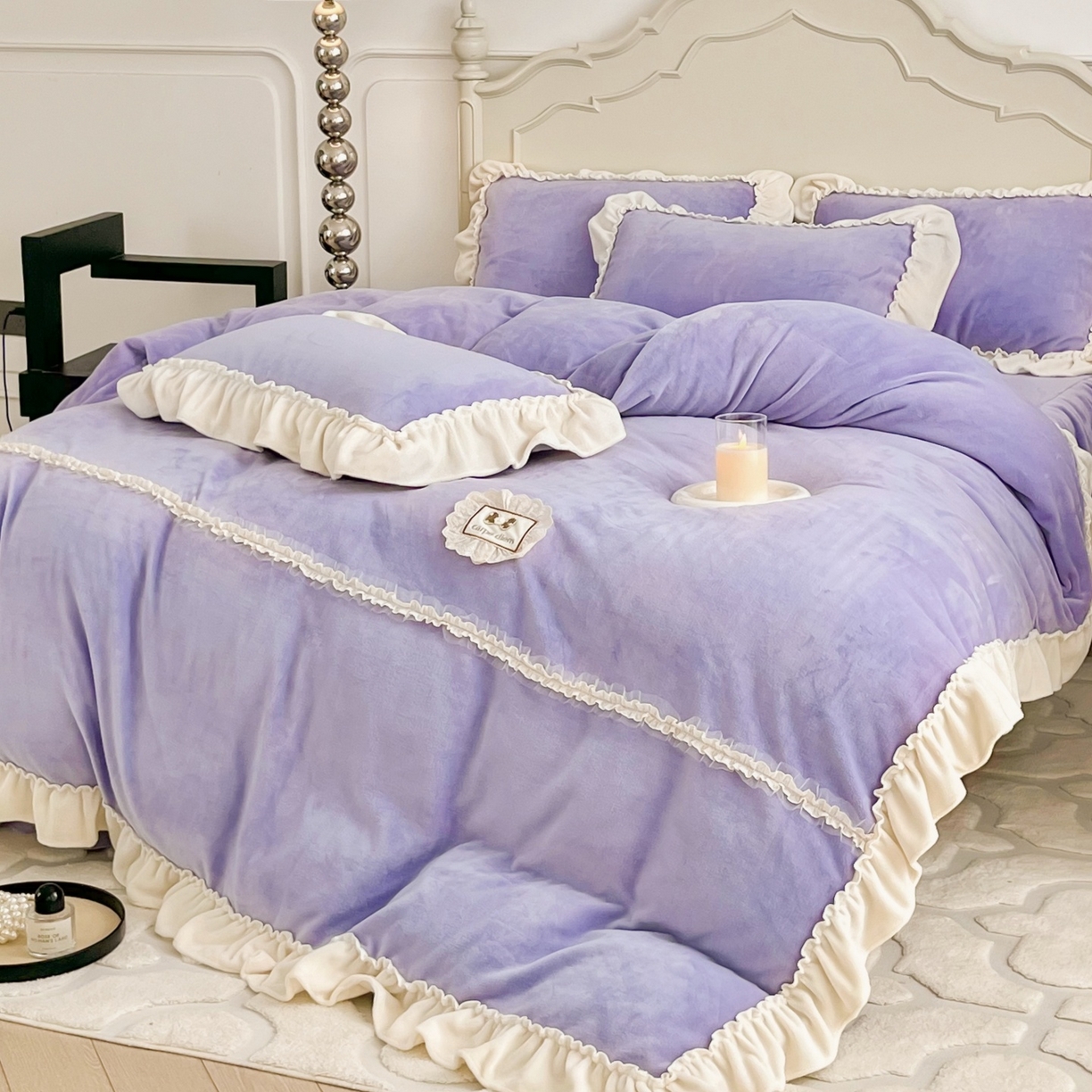 91家纺网 家纺一手货源 找家纺 庭笙 2025新款少女粉浪漫花边加厚牛奶绒床裙四件套-苏韵清风 苏韵清风-紫