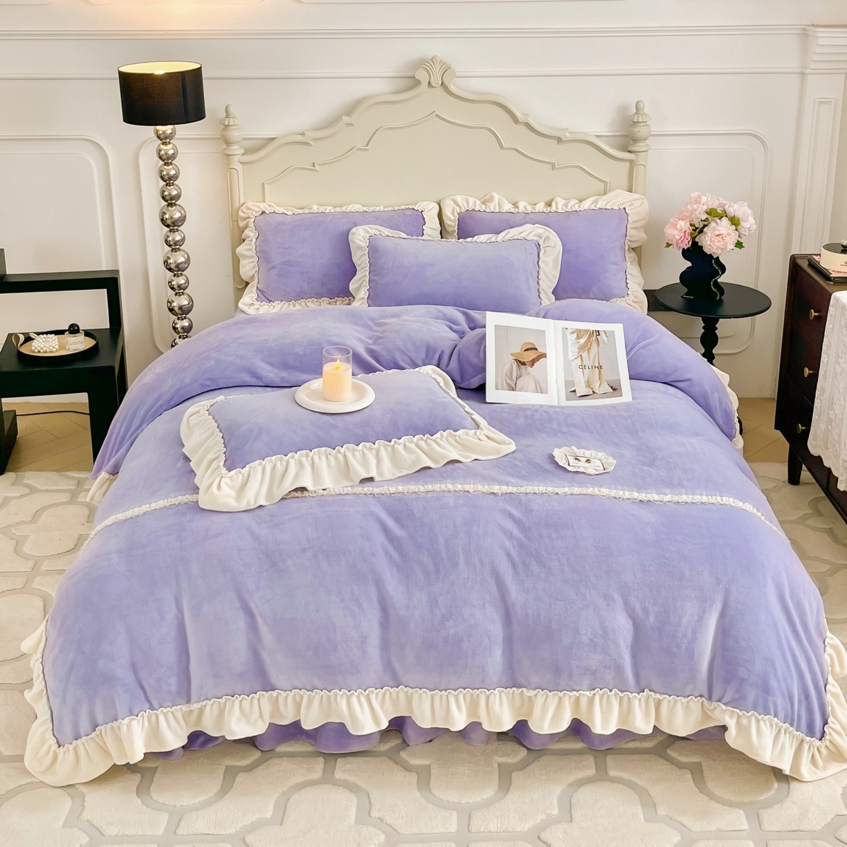 91家纺网 家纺一手货源 找家纺 庭笙 2025新款少女粉浪漫花边加厚牛奶绒床裙四件套-苏韵清风 苏韵清风-紫