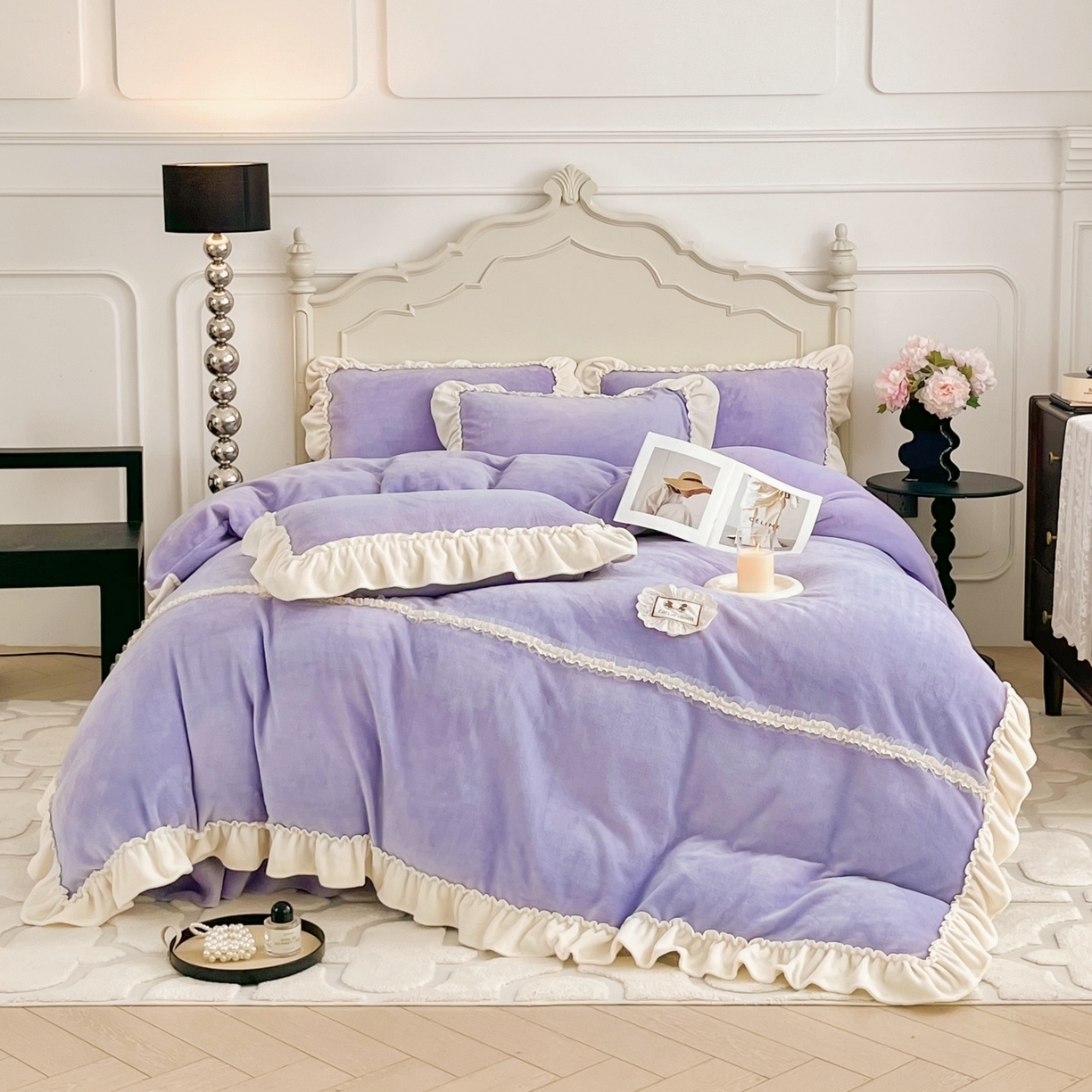 庭笙 2025新款少女粉浪漫花边加厚牛奶绒床裙四件套-苏韵清风 苏韵清风-紫