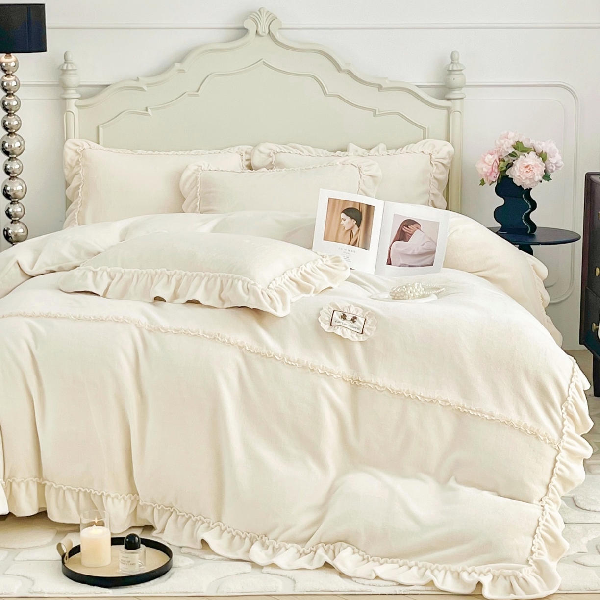 91家纺网 家纺一手货源 找家纺 庭笙 2025新款少女粉浪漫花边加厚牛奶绒床裙四件套-苏韵清风 苏韵清风-米