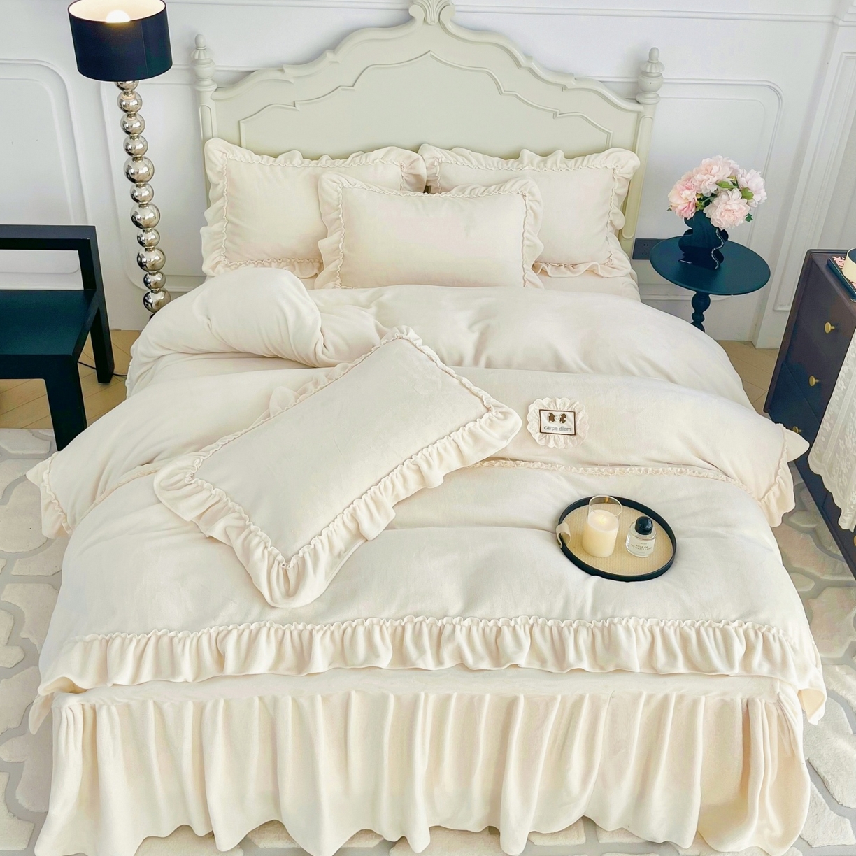 91家纺网 家纺一手货源 找家纺 庭笙 2025新款少女粉浪漫花边加厚牛奶绒床裙四件套-苏韵清风 苏韵清风-米