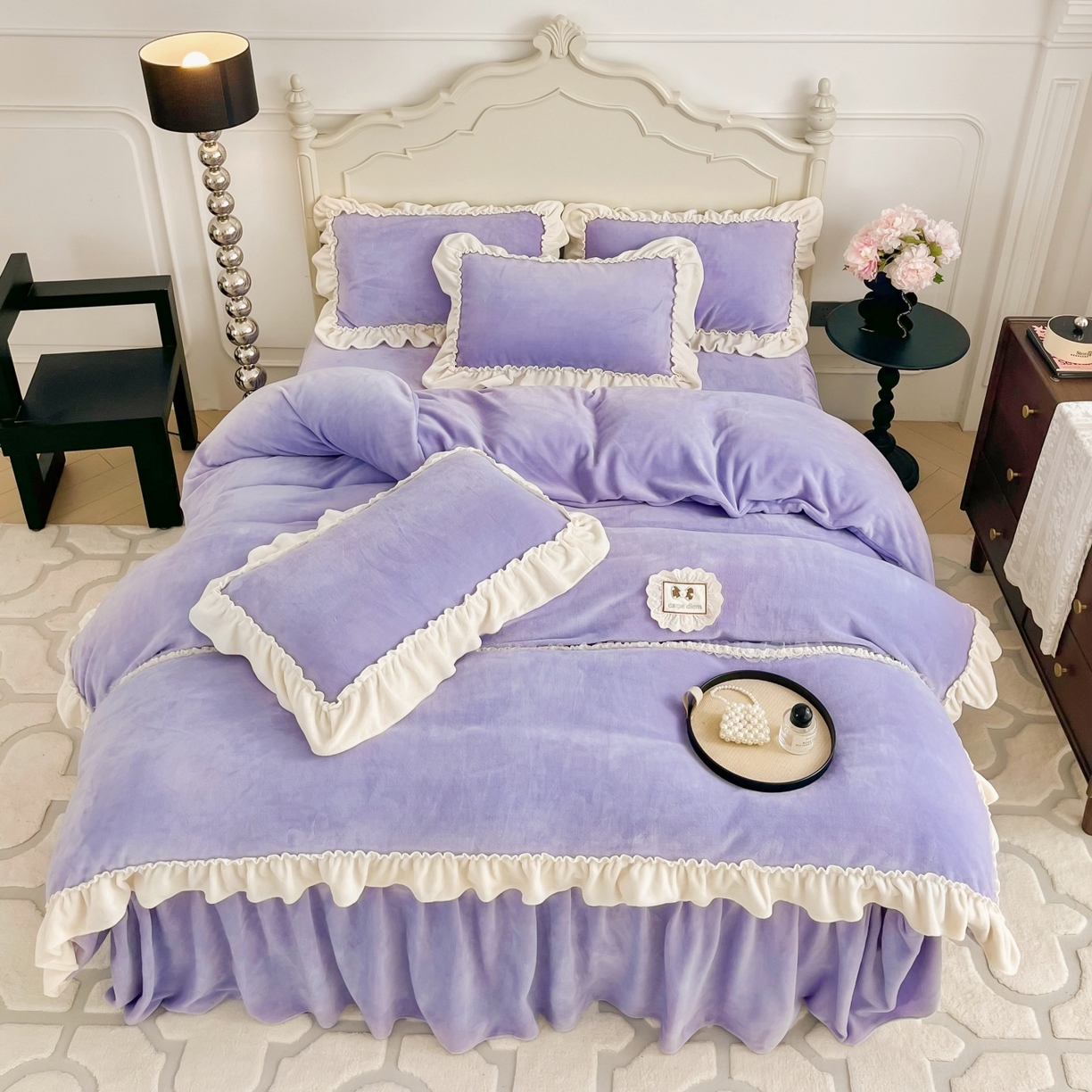 91家纺网 家纺一手货源 找家纺 庭笙 2025新款少女粉浪漫花边加厚牛奶绒床裙四件套-苏韵清风 苏韵清风-紫